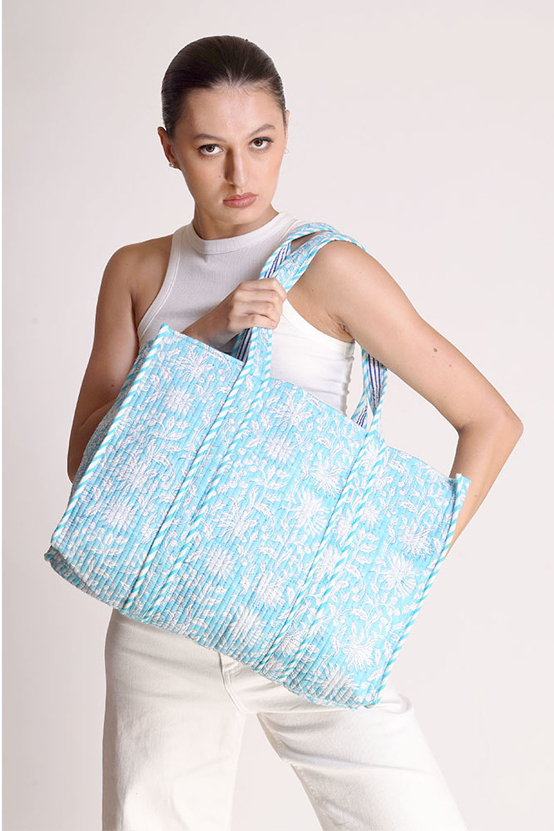 Ava Blue Chrysanthemum Motif Tote Bag