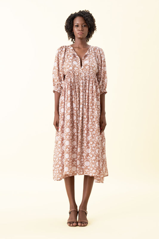 Ava Printed Midi Dress - Mud Brown