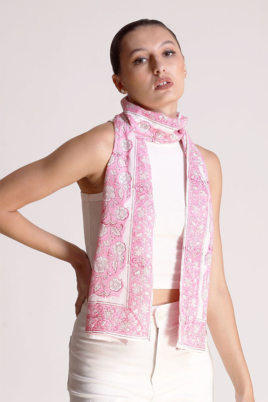 Saisha Cotton Pink Sorbet All-over Floral Scarf