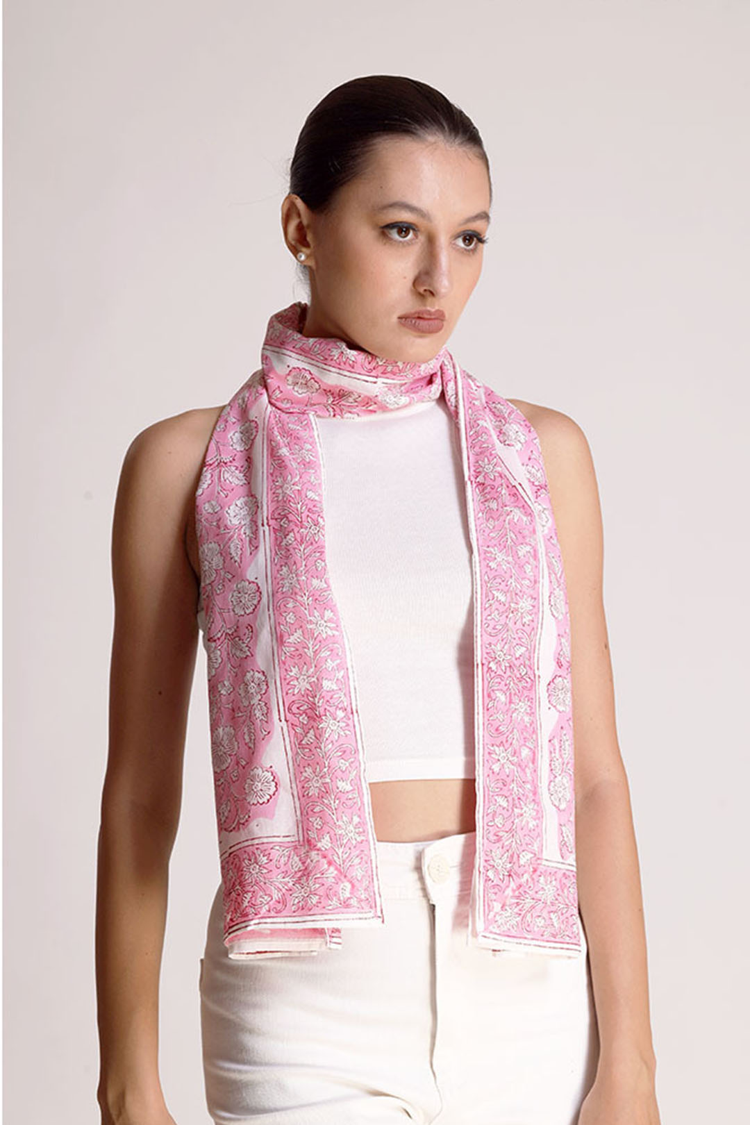 Saisha Cotton Pink Sorbet All-over Floral Scarf