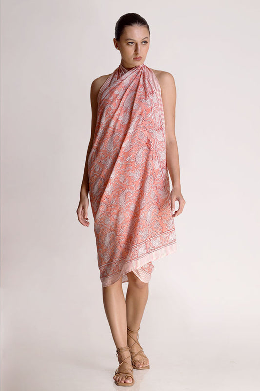 Sophie Cotton White & Peach Paisley Motif Sarong