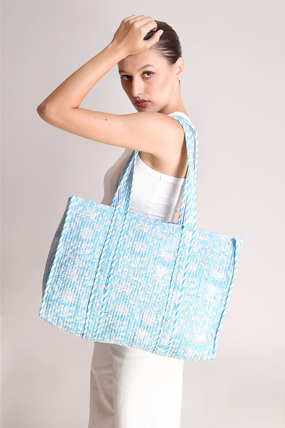 Ava Blue Chrysanthemum Motif Tote Bag