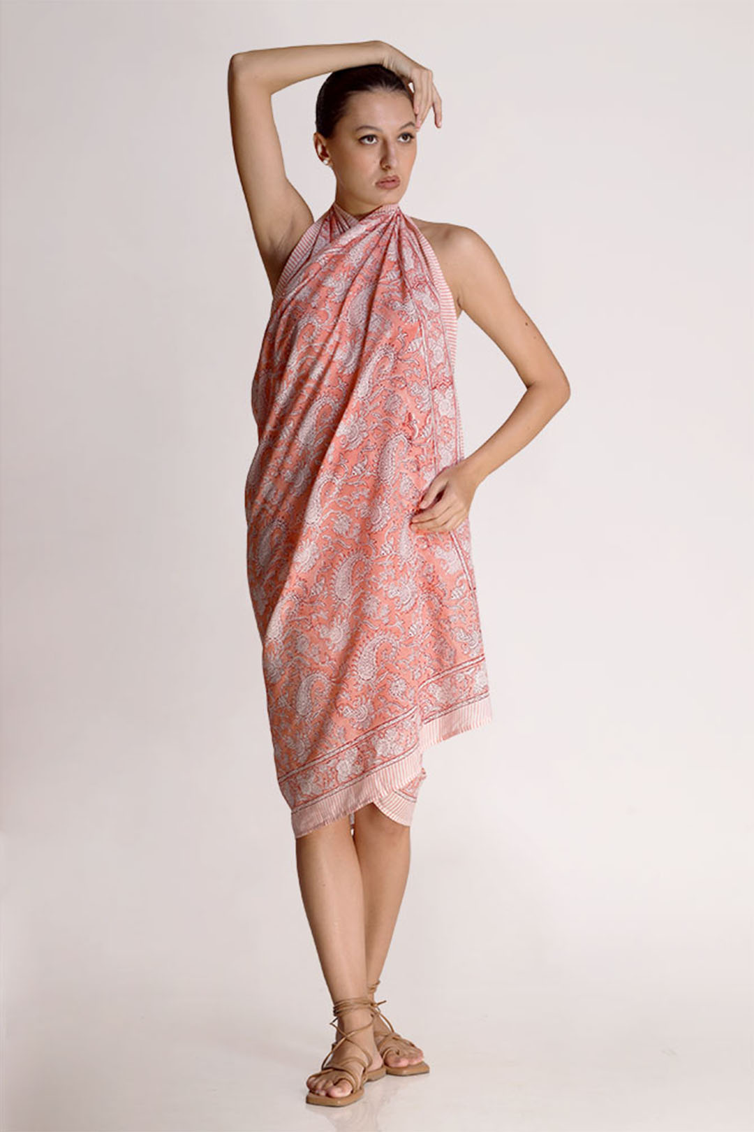 Sophie Cotton White & Peach Paisley Motif Sarong