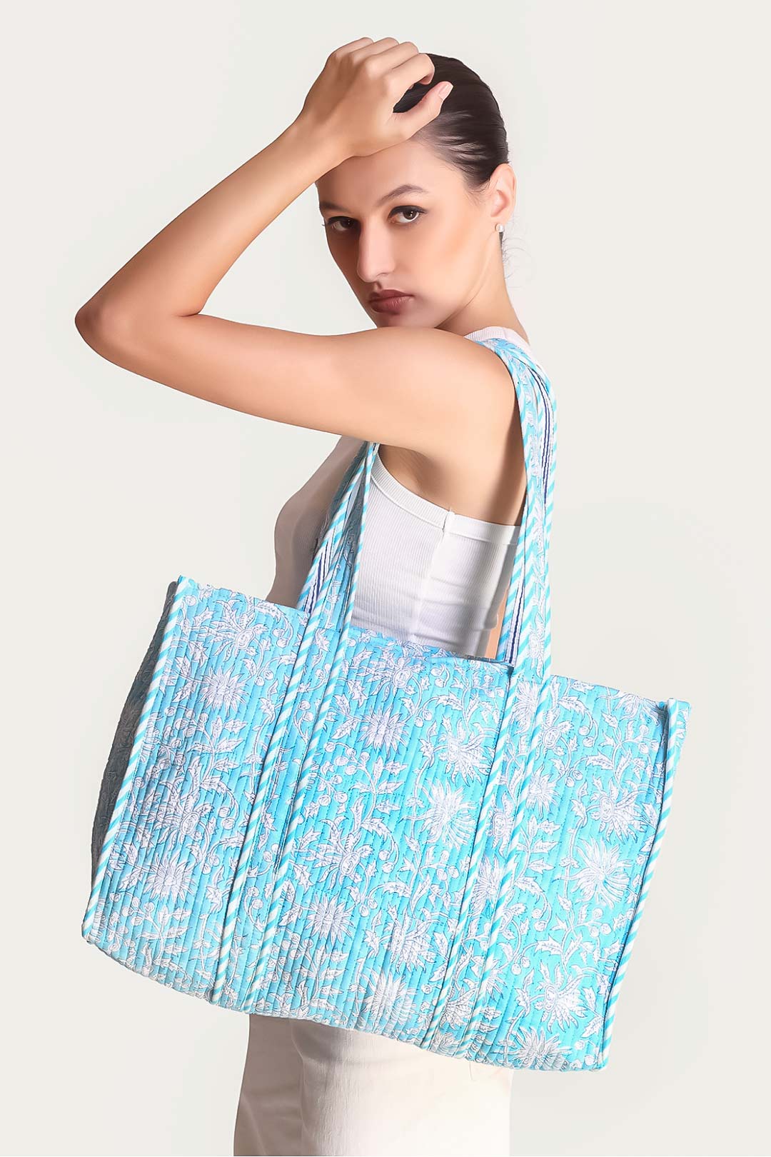 Ava Blue Chrysanthemum Motif Tote Bag