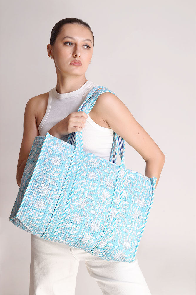 Ava Blue Chrysanthemum Motif Tote Bag