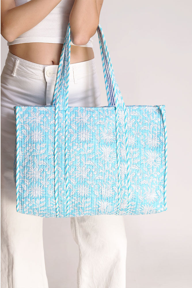 Ava Blue Chrysanthemum Motif Tote Bag