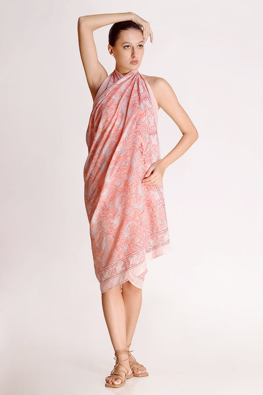 Sophie Cotton White & Peach Paisley Motif Sarong